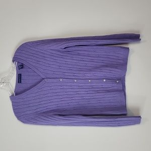 KAREN SCOTT Lilac Silk Angora Cable Knit V-neck Cardigan - Rhinestone Buttons
